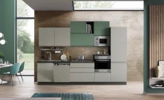 Clea di Conforama Italia alterna basi e colonne nella colorazione grigio acciaio a pensili in tinta verde salvia-grigio acciaio, la struttura è totalmente in antracite, il top è in ossido cemento. Include 5 elettrodomestici Candy (piano cottura valvolato con accensione elettronica, forno, frigorifero, lavastoviglie, forno a microonde) ed è personalizzabile nei colori e nella composizione. Da L 330 x P 60 x H 240 cm prezzo 2.949 euro. www.conforama.it Clea di Conforama Italia alterna basi e colonne nella colorazione grigio acciaio a pensili in tinta verde salvia-grigio acciaio, la struttura è totalmente in antracite, il top è in ossido cemento. Include 5 elettrodomestici Candy (piano cottura valvolato con accensione elettronica, forno, frigorifero, lavastoviglie, forno a microonde) ed è personalizzabile nei colori e nella composizione. Da L 330 x P 60 x H 240 cm prezzo 2.949 euro. www.conforama.it