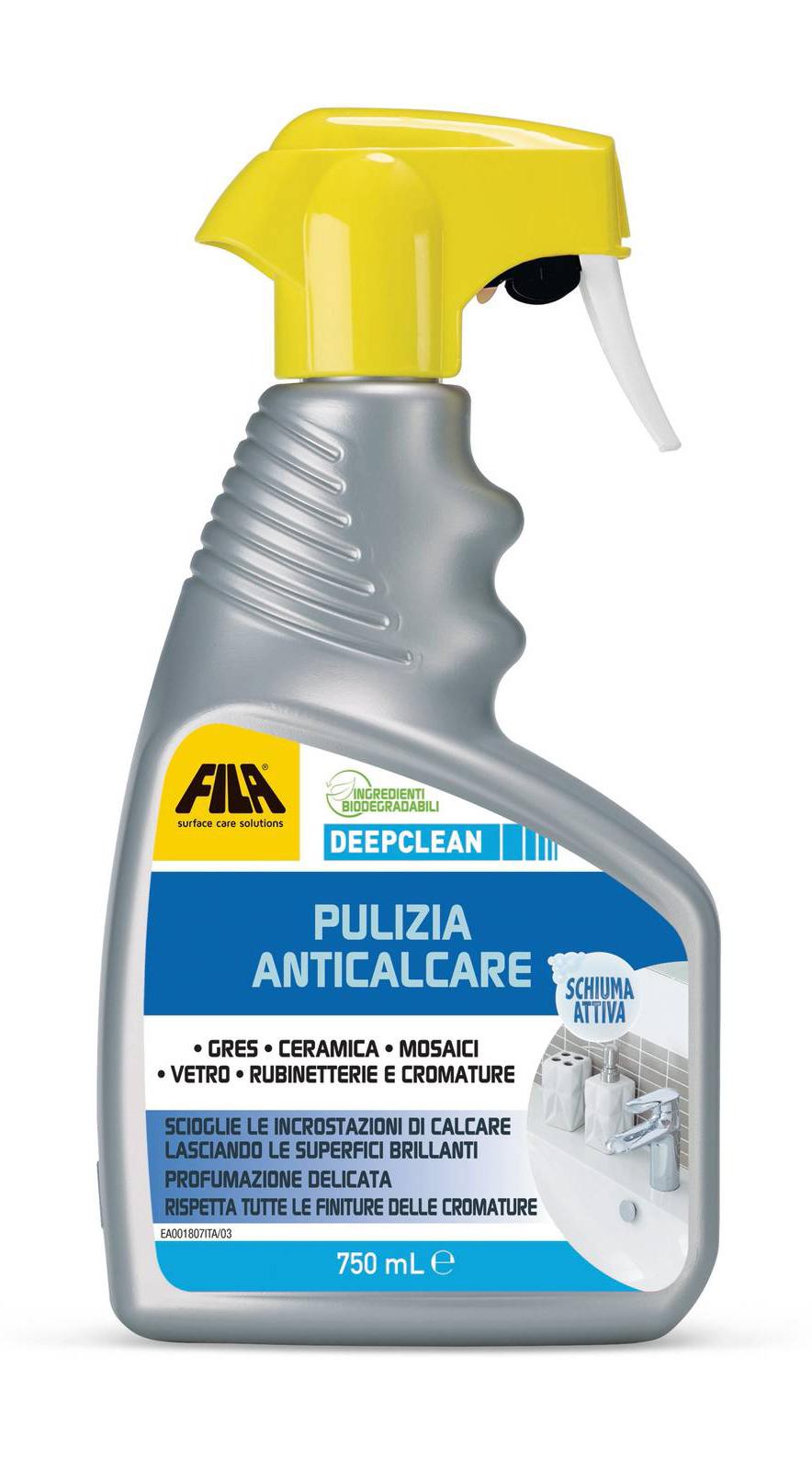 DEEPCLEAN è una schiuma attiva con una profumazione di muschio bianco e menta. Specifico per le superfici del bagno, anche in acciaio e in metacrilato, toglie il calcare.