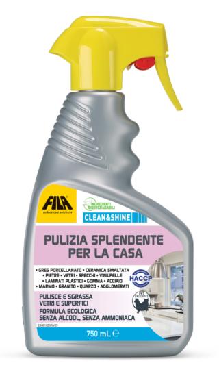 CLEAN&SHINE è pronto all'uso e non richiede risciacquo. Deterge tutte le superfici, anche quelle di vetri, specchi e marmo. Non contiene alcol, né ammoniaca.