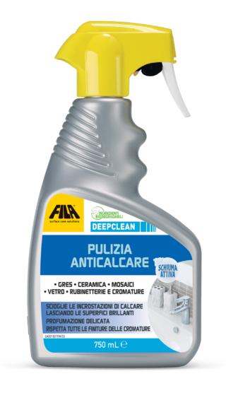 DEEPCLEAN è una schiuma attiva con una profumazione di muschio bianco e menta. Specifico per le superfici del bagno, anche in acciaio e in metacrilato, toglie il calcare.