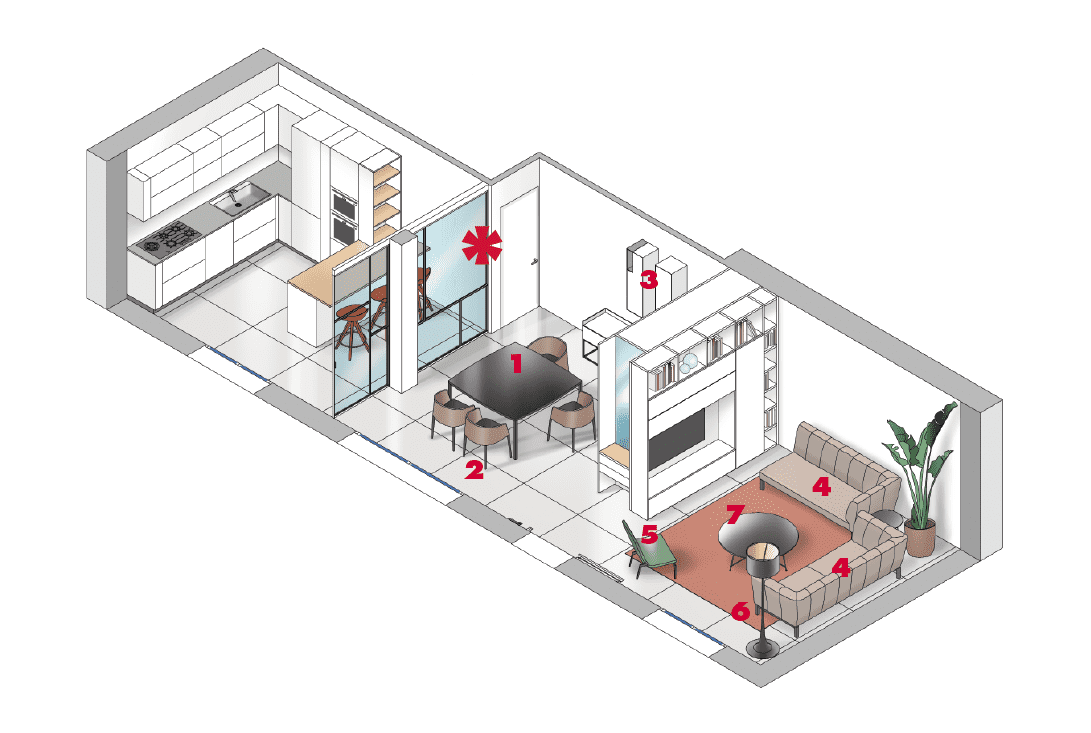 Assonometria soggiorno open space