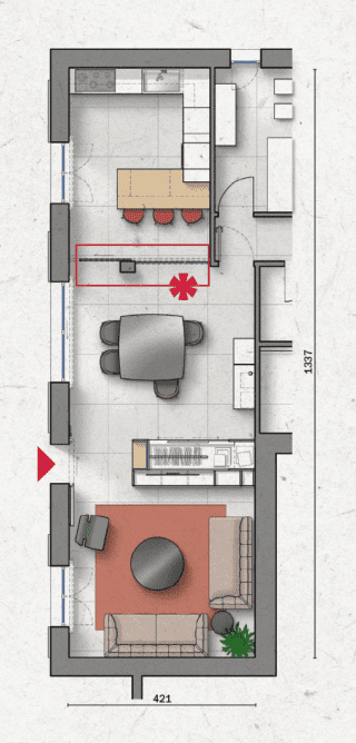 Pianta di progetto soggiorno open space