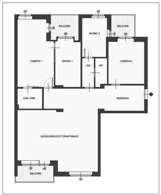 pianta stato di fatto trilocale con soggiorno-cucina, due camere