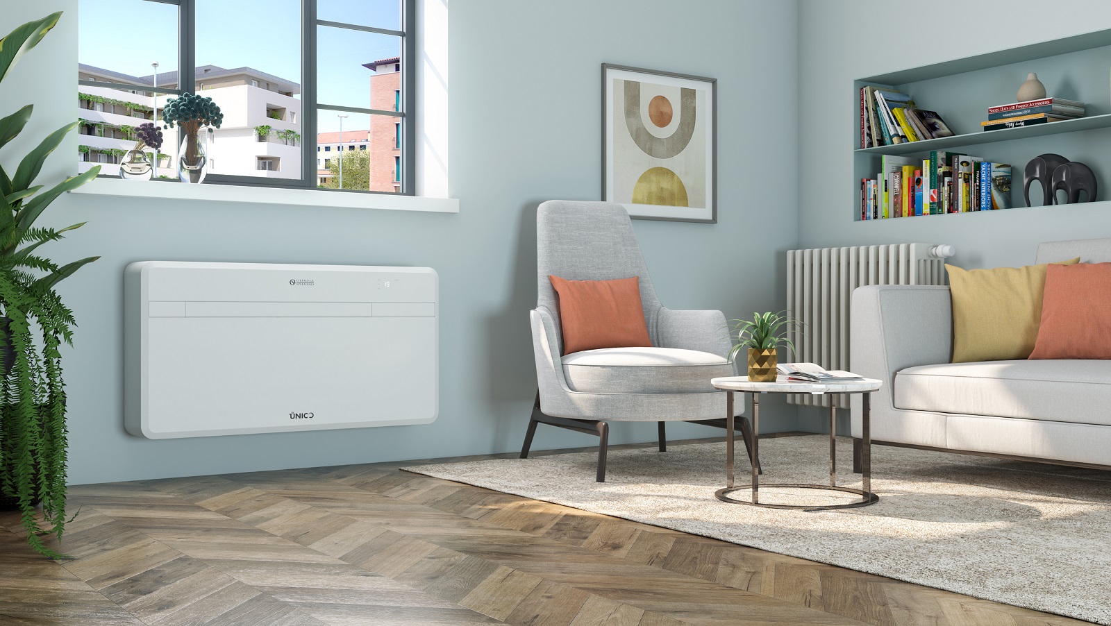 Raffresca, riscalda, deumidifica e ventila il climatizzatore a parete senza unità esterna Unico Next 10 HP PVAN di Olimpia Splendid. Con gas R290, ha una potenza in raffrescamento di 2,1 kW e in riscaldamento di 1,7 kW. Con la funzione Silent Mode attiva (con compressore acceso) raggiunge al massimo i 30 dB(A) di pressione sonora. Misura L 101,5 x P 18 x H 54 cm. Prezzo 2.149 euro. www.olimpiasplendid.it Raffresca, riscalda, deumidifica e ventila il climatizzatore a parete senza unità esterna Unico Next 10 HP PVAN di Olimpia Splendid. Con gas R290, ha una potenza in raffrescamento di 2,1 kW e in riscaldamento di 1,7 kW. Con la funzione Silent Mode attiva (con compressore acceso) raggiunge al massimo i 30 dB(A) di pressione sonora. Misura L 101,5 x P 18 x H 54 cm. Prezzo 2.149 euro. www.olimpiasplendid.it