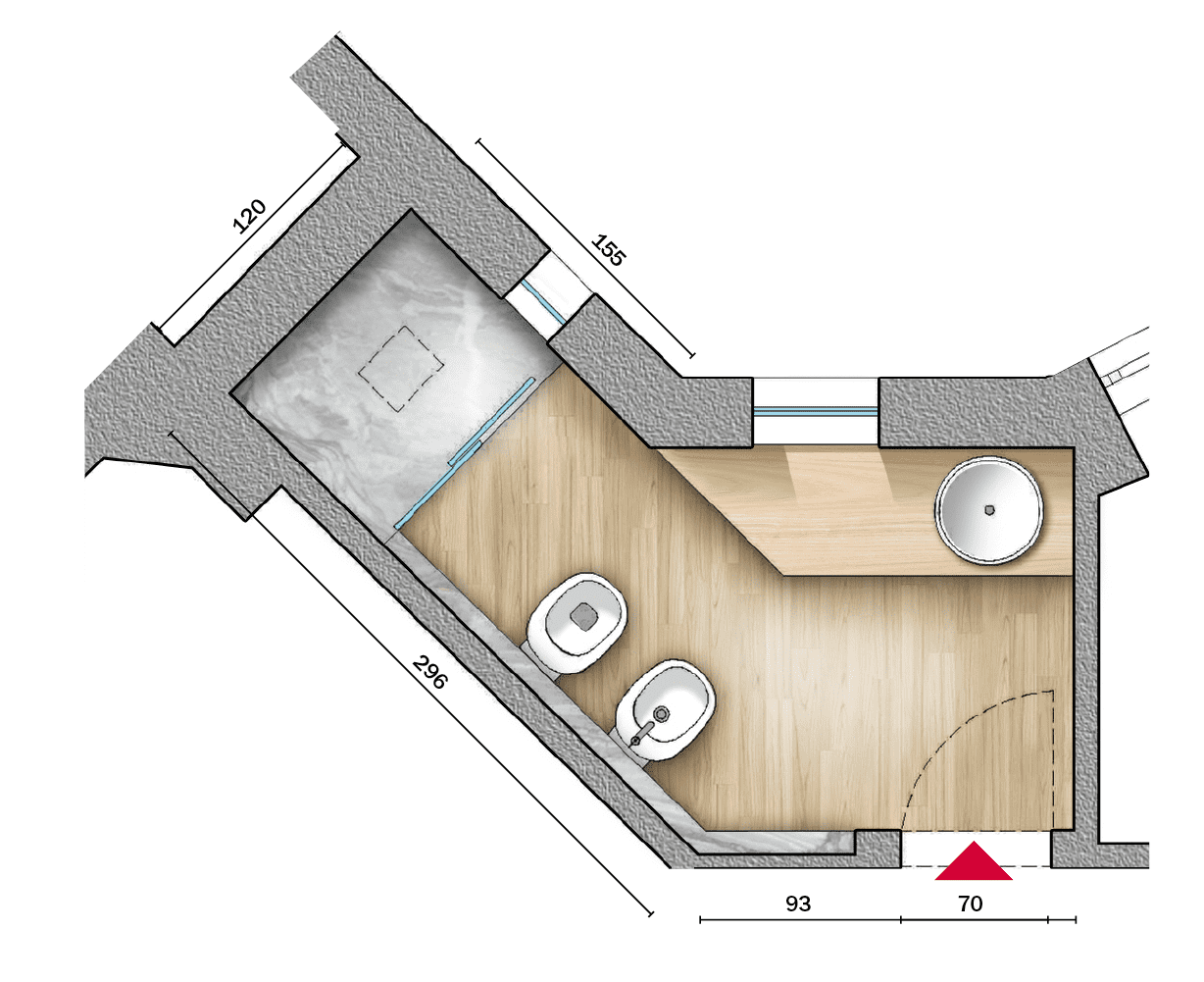 In corrispondenza di spigoli e angoli, il rivestimento richiede sempre raccordi ad hoc degli elementi. In questo caso si è optato per il taglio a 45° dei bordi delle lastre, praticato direttamente sul posto da mano d'opera specializzata.