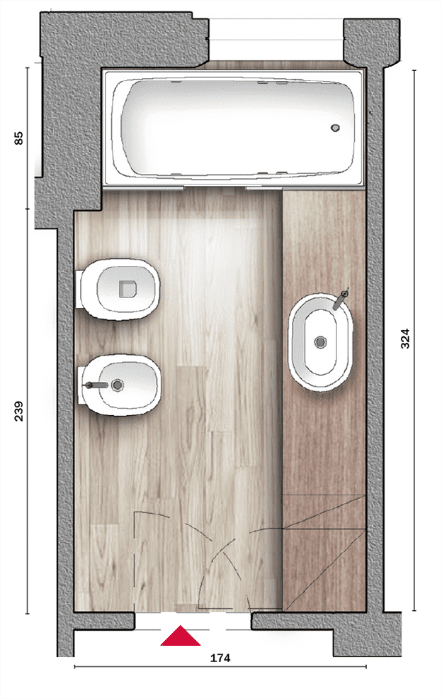 Il bagno ha una dimensione di tutto rispetto, 5,6 mq, con una larghezza di 174 cm. A rendere lo spazio particolarmente vivibile contribuisce anche la forma regolare, che agevola la distribuzione su tre lati degli elementi d'arredo. A vivacizzare l'ambiente partecipano, invece, le superfici in legno lavorate e un bordo aggettante realizzato a soffitto, nel quale sono inserite strip led per un'illuminazione d'atmosfera.