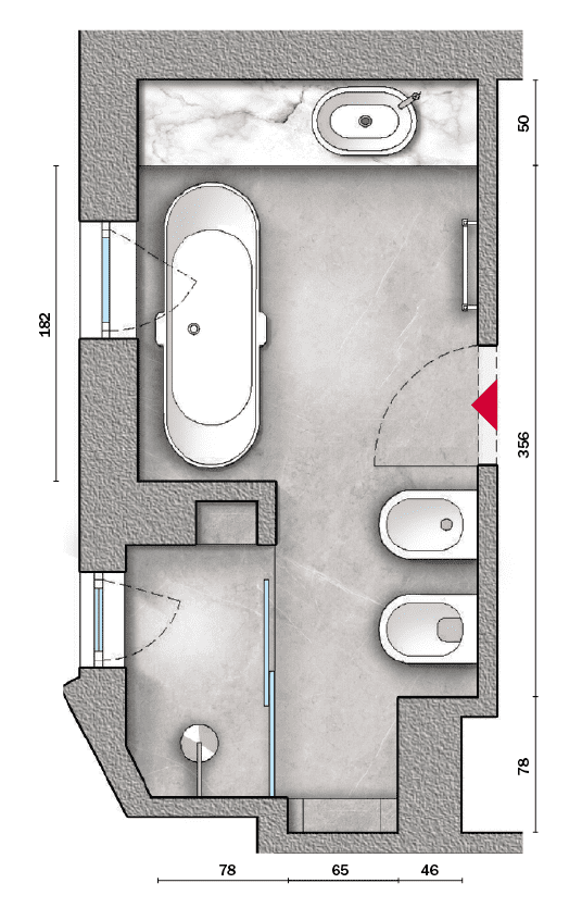 Dalla planimetria si può notareche l'ambiente è organizzato in zone funzionali, suggerite e definite dalla muratura. I rivestimenti partecipano a questa scansione dello spazio, alternandosi sulle pareti con studiata ricercatezza. Omogeneo invece il pavimento, che arriva a estendersi anche all'interno del vano doccia, con un effetto elegante di assoluta continuità.