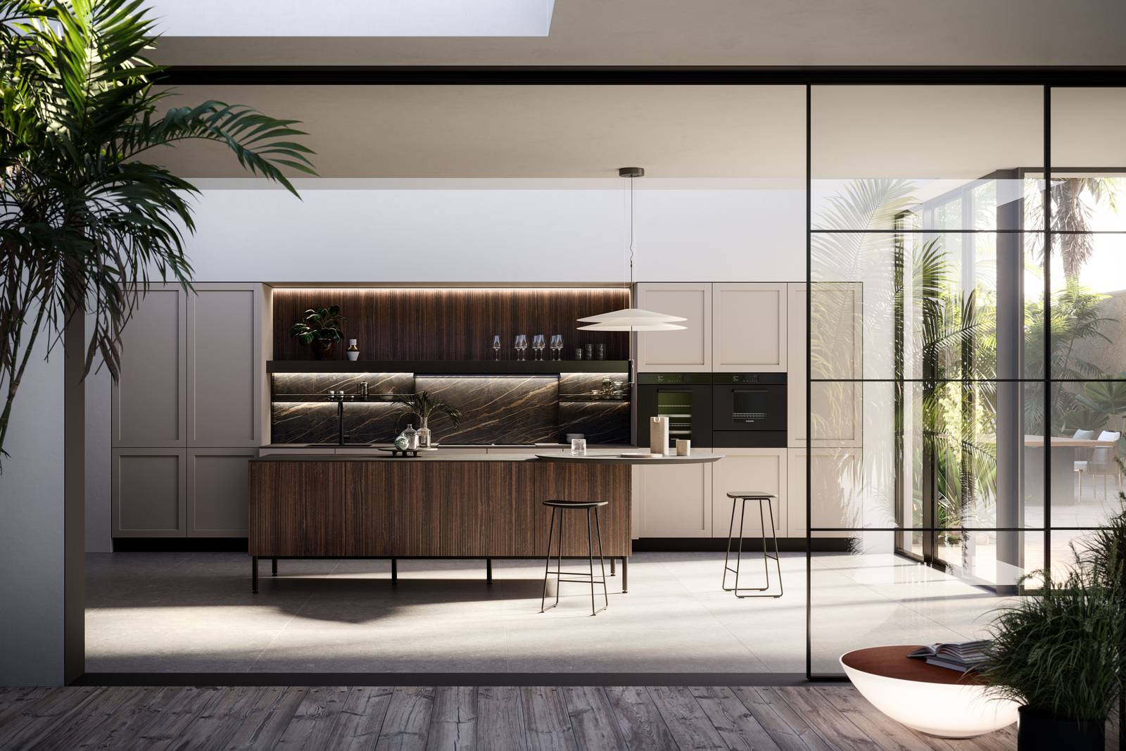 La cucina Alma di Arredo3 si articola intorno all'isola che ha le basi con ante modello Kalì, nella finitura riga noce, coordinate con i pannelli nella nicchia; lateralmente è posizionato il piano snack rotondo con il top in Laminam Noir Desir, lastre in porcellana ecosostenibile. I dettagli in metallo, come il basamento Tuttotondo dell'isola, impreziosiscono la composizione. Prezzo su richiesta. https://www.arredo3.it La cucina Alma di Arredo3 si articola intorno all'isola che ha le basi con ante modello Kalì, nella finitura riga noce, coordinate con i pannelli nella nicchia; lateralmente è posizionato il piano snack rotondo con il top in Laminam Noir Desir, lastre in porcellana ecosostenibile. I dettagli in metallo, come il basamento Tuttotondo dell'isola, impreziosiscono la composizione. Prezzo su richiesta. https://www.arredo3.it