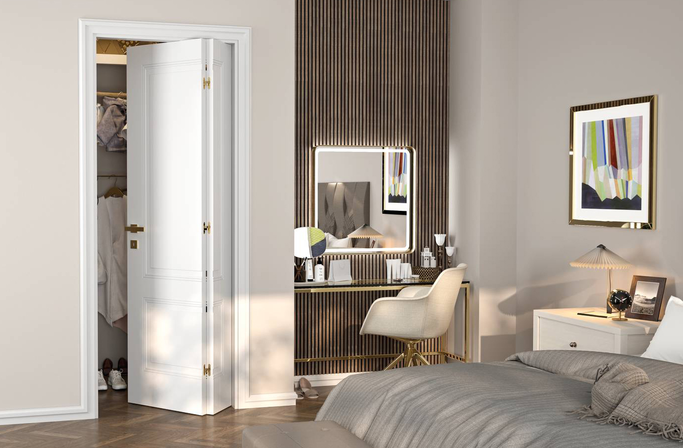 La porta Nidio della serie Dorica modello ND20 di Flessya nella versione a libro asimmetrica è salvaspazio, l’anta si piega in due richiudendosi “ad applauso” e riduce così della metà lo spazio d’apertura rispetto ad una porta a battente. In foto la finitura dell’anta è laccato bianco RAL 9010 con maniglia Quadra bronzata, misura 80x210 cm ed il prezzo è 1.417,00 + Iva www.flessya.com