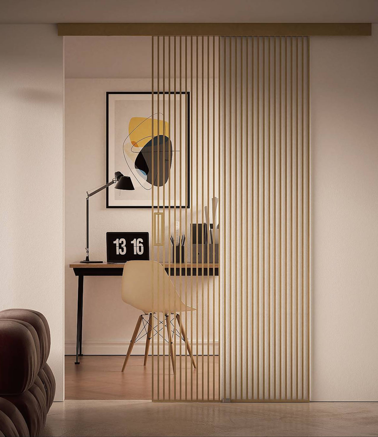 Industrial Decor della serie Urban, collezione Lucenti
di Dierre, ha l'anta in vetro trasparente extrachiaro decorato con listelli verticali
color bronzo, dall’effetto plissé. Stessa la finitura dei listelli
per scorrimento con fascia GM114
e maniglia GM 008. Misura L 90 x
H 270 cm e costa da 6.375 euro + Iva. www.dierre.it
