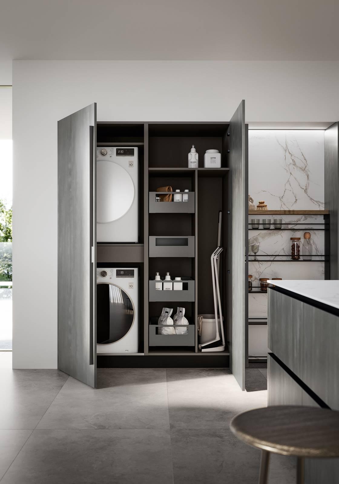 Composizione Kalì di Arredo3, modulo lavanderia accessoriato con mensole e cestoni