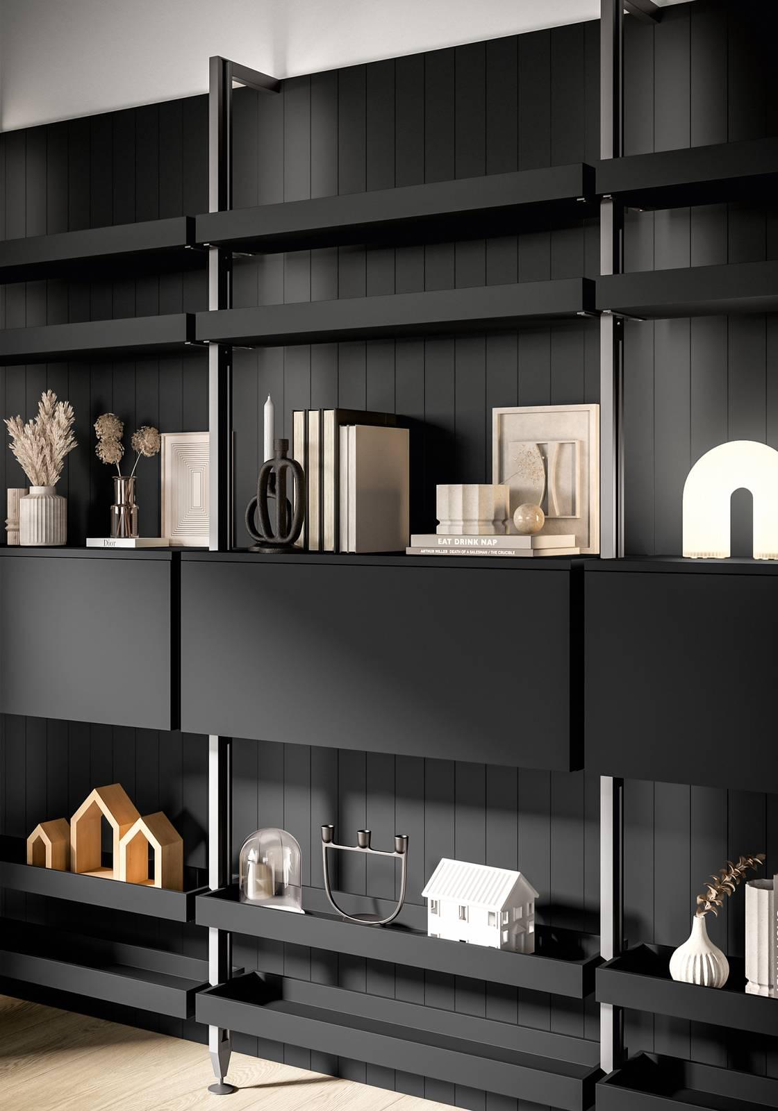 Libreria Free di Arredo3 a parete, montata con mensole in metallo e vani con apertura a ribalta