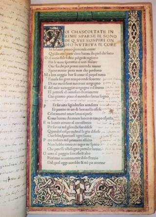Pagina miniata de Il Canzoniere, Petrarca, ed. 1473, courtesy of Fondazione Giorgio Cini Pagina miniata de Il Canzoniere, Petrarca, ed. 1473, courtesy of Fondazione Giorgio Cini