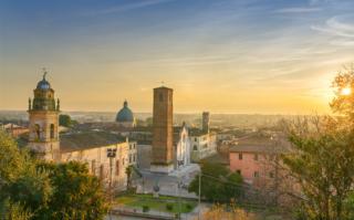 Pietrasanta old town aerial view at sunset, San Martino cathedral and torre civica. Versilia Lucca Tuscany Italy Europe Pietrasanta old town aerial view at sunset, San Martino cathedral and torre civica. Versilia Lucca Tuscany Italy Europe