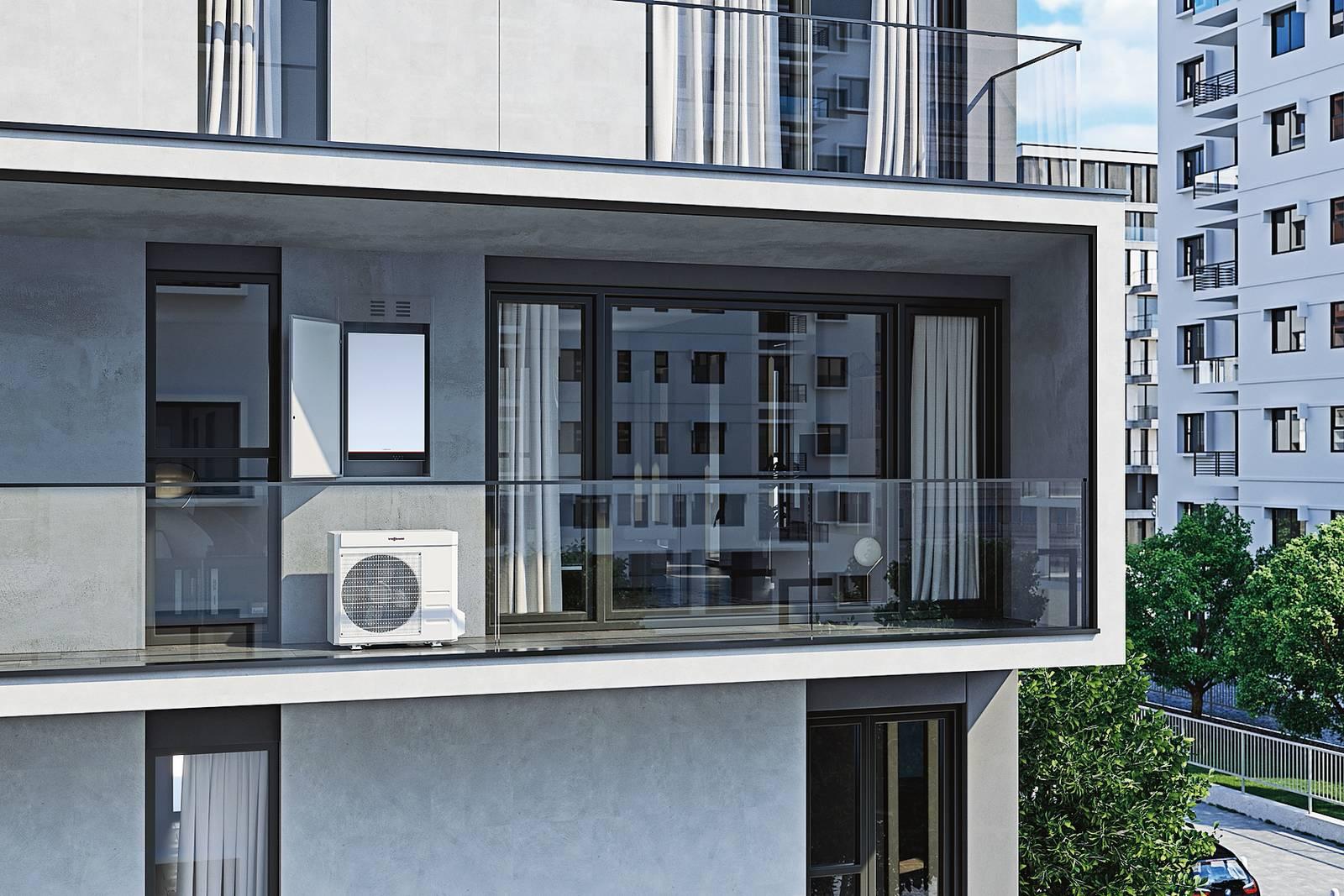 Il sistema Vitodens 100-E Hybrid è formato da pompa di calore reversible monoblocco Vitocal 100-A, caldaia a condensazione Vitodens 100-E e collettore ibrido per l'installazione compatta sotto caldaia. Il sistema Vitodens 100-E Hybrid è formato da pompa di calore reversible monoblocco Vitocal 100-A, caldaia a condensazione Vitodens 100-E e collettore ibrido per l'installazione compatta sotto caldaia.