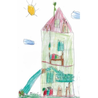 Una casa con elementi naturali disegnata da un bambino di sei anni. Una casa con elementi naturali disegnata da un bambino di sei anni.