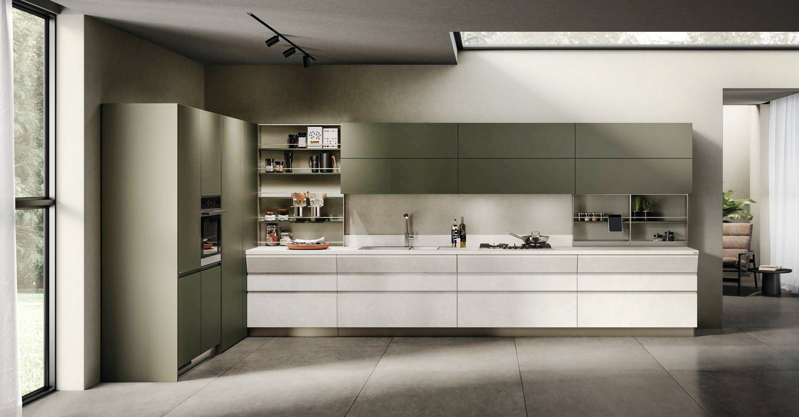 Cucina Motus di Scavolini, design Vittore Niolu: da sinistra, colonne elettrodomestici e ripostiglio con ante in laccato opaco Verde Minerale; base lavaggio e cottura in decorativo Pietra Solare e top in laminato Pietra Solar. Pensili in laccato opaco Verde Minerale affiancati al sistema “Setup” in finitura Dark Inox. Cucina Motus di Scavolini, design Vittore Niolu: da sinistra, colonne elettrodomestici e ripostiglio con ante in laccato opaco Verde Minerale; base lavaggio e cottura in decorativo Pietra Solare e top in laminato Pietra Solar. Pensili in laccato opaco Verde Minerale affiancati al sistema “Setup” in finitura Dark Inox.