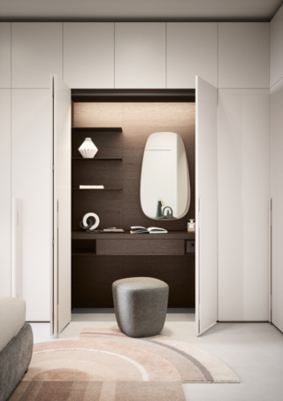 Le ante a battente in laccato dell'armadio Alfa di Novamobili nascondono una boiserie attrezzata con uno scrittoio sospeso, una serie di mensole e uno specchio che danno vita ad un angolo privato in cui potersi dedicare anche all' home working. La composizione può essere personalizzata in base alle esigenze del cliente per sfruttare al meglio tutto lo spazio a disposizione. Prezzo su richiesta. www.novamobili.it Le ante a battente in laccato dell'armadio Alfa di Novamobili nascondono una boiserie attrezzata con uno scrittoio sospeso, una serie di mensole e uno specchio che danno vita ad un angolo privato in cui potersi dedicare anche all' home working. La composizione può essere personalizzata in base alle esigenze del cliente per sfruttare al meglio tutto lo spazio a disposizione. Prezzo su richiesta. www.novamobili.it
