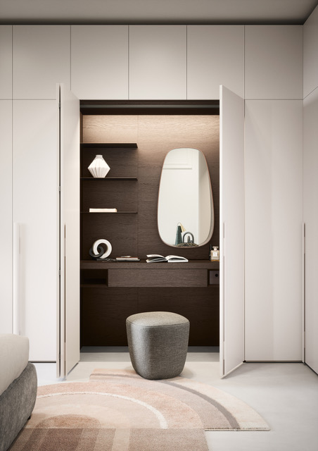 Le ante a battente in laccato dell'armadio Alfa di Novamobili nascondono una boiserie attrezzata con uno scrittoio sospeso, una serie di mensole e uno specchio che danno vita ad un angolo privato in cui potersi dedicare anche all' home working. La composizione può essere personalizzata in base alle esigenze del cliente per sfruttare al meglio tutto lo spazio a disposizione. Prezzo su richiesta. www.novamobili.it Le ante a battente in laccato dell'armadio Alfa di Novamobili nascondono una boiserie attrezzata con uno scrittoio sospeso, una serie di mensole e uno specchio che danno vita ad un angolo privato in cui potersi dedicare anche all' home working. La composizione può essere personalizzata in base alle esigenze del cliente per sfruttare al meglio tutto lo spazio a disposizione. Prezzo su richiesta. www.novamobili.it