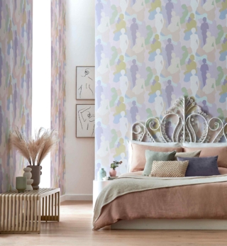 Carta da Parati Silhouette di Ohpopsi di str. B&B Distribuzione (bbdistribuzione.it) con disegni in diverse tonalità glicine, lilla, verde, sabbia...