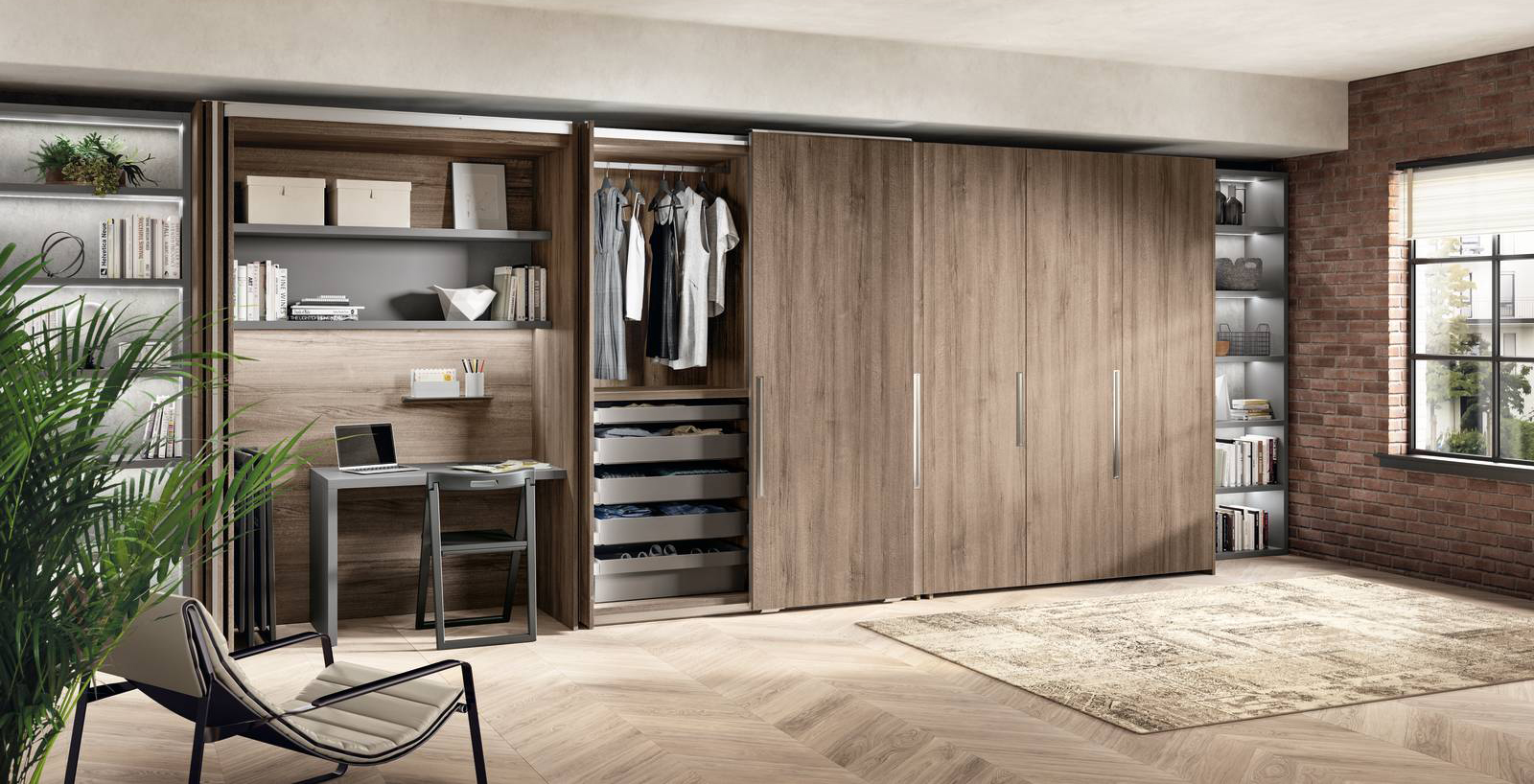 Rappresenta la soluzione perfetta in un loft la composizione BoxLife di Scavolini che racchiude la zona giorno e la zona notte dietro alle ante con pannellature in decorativo Noce Garden come la struttura interna. La scrivania e le mensole in laccato opaco Grigio Ferro danno vita ad una zona home office grande e funzionale. Prezzo su richiesta. www.scavolini.com Rappresenta la soluzione perfetta in un loft la composizione BoxLife di Scavolini che racchiude la zona giorno e la zona notte dietro alle ante con pannellature in decorativo Noce Garden come la struttura interna. La scrivania e le mensole in laccato opaco Grigio Ferro danno vita ad una zona home office grande e funzionale. Prezzo su richiesta. www.scavolini.com