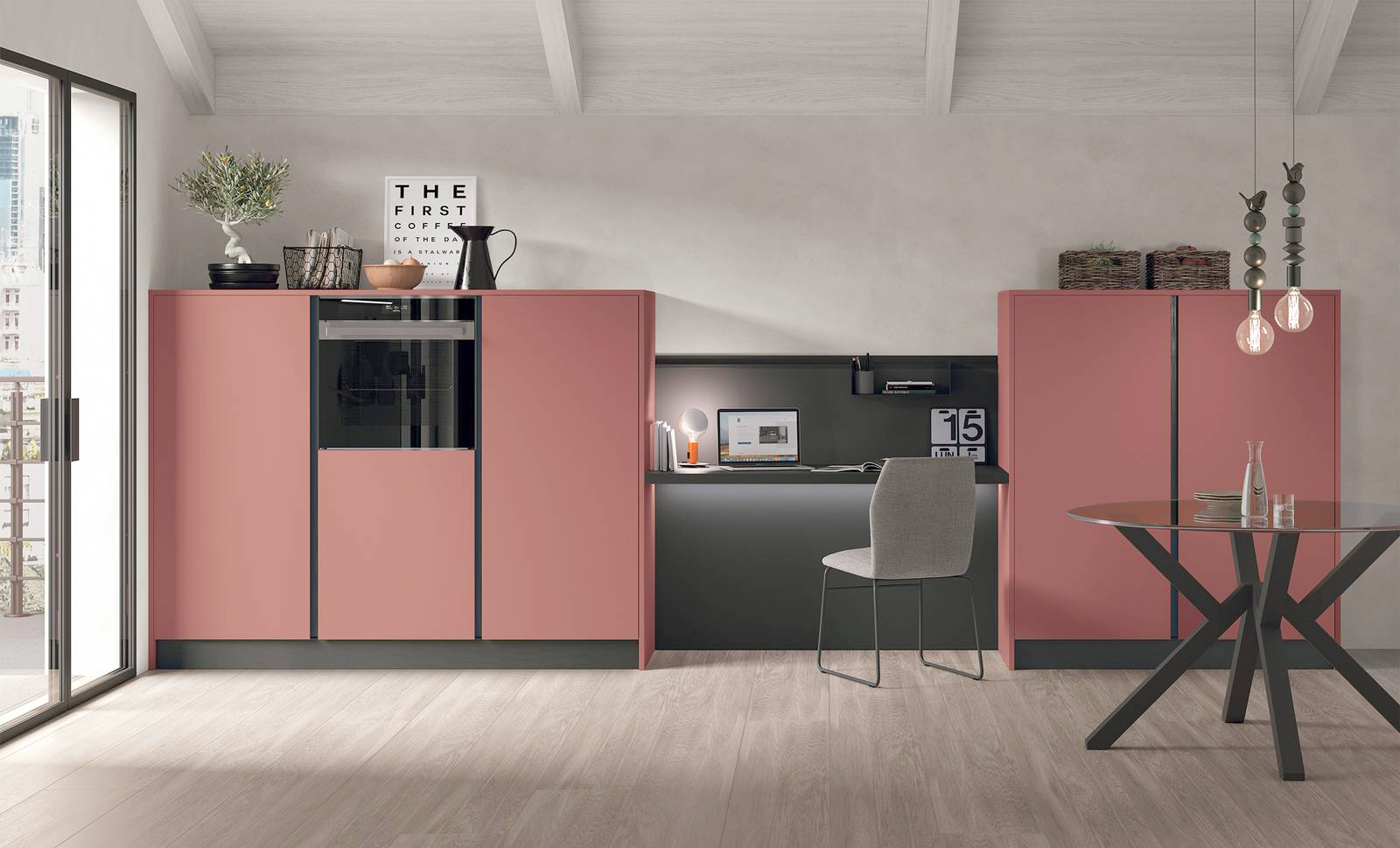 Un pratico mini studio trova posto tra le colonne che compongono la cucina Young di Stosa che si apre sulla zona giorno ed è caratterizzata da una linea semplice che mette in evidenza l'intensa colorazione delle ante in nobilitato color Corallo. Il piano e gli schienali in Fenix Nero Ingo ne sottolineano lo stile contemporaneo. Prezzo su richiesta. www.stosa.it Un pratico mini studio trova posto tra le colonne che compongono la cucina Young di Stosa che si apre sulla zona giorno ed è caratterizzata da una linea semplice che mette in evidenza l'intensa colorazione delle ante in nobilitato color Corallo. Il piano e gli schienali in Fenix Nero Ingo ne sottolineano lo stile contemporaneo. Prezzo su richiesta. www.stosa.it