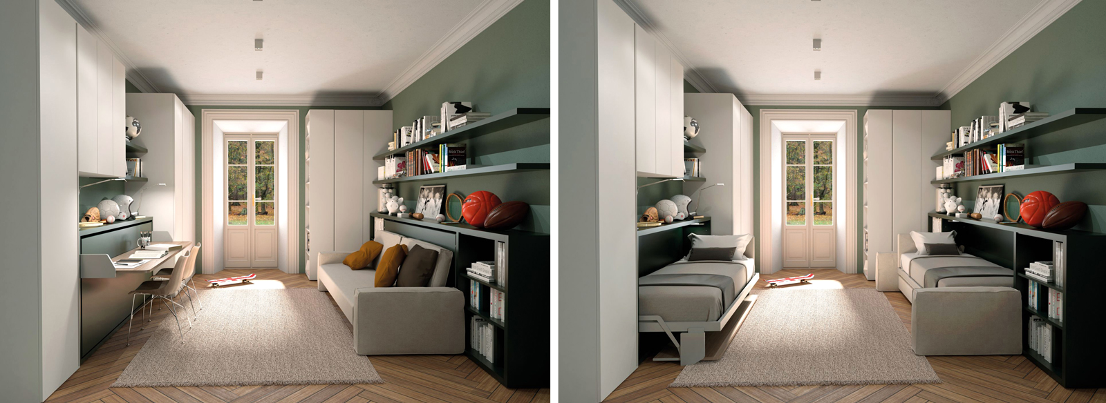 La scrivania a doppia funzione (sulla sinistra nelle due due foto) scompare quando il mobile che la contiene si trasforma e diventa letto. Appartiene al sistema trasformabile Kali Board di Clei con letto intermedio a scomparsa, apertura abbattibile dotata di dispositivo di sicurezza e scrittoio maxi. Il sistema, con un semplice movimento, si trasforma nella versione notte senza rimuovere nulla dal grande piano scrittoio che bascula e si posiziona orizzontalmente sotto al letto. A destra nella stanza, il letto diventa divano. Misure Kali Board 90 (letto singolo + scrittoio): mobile letto chiuso L 216 x P 35 x 102,3 cm; profondità del mobile + scrittoio: 85,3 cm; altezza da terra al piano scrittoio 72 cm; dimensioni piano scrittoio 203,1 x 50,3 cm; mobile letto aperto L  205 cm x P 95,2 cm (materasso 80 x 197 cm, altezza 18 cm). Prezzo Kali Board 90 a partire da 1.934 euro. www.clei.it La scrivania a doppia funzione (sulla sinistra nelle due due foto) scompare quando il mobile che la contiene si trasforma e diventa letto. Appartiene al sistema trasformabile Kali Board di Clei con letto intermedio a scomparsa, apertura abbattibile dotata di dispositivo di sicurezza e scrittoio maxi. Il sistema, con un semplice movimento, si trasforma nella versione notte senza rimuovere nulla dal grande piano scrittoio che bascula e si posiziona orizzontalmente sotto al letto. A destra nella stanza, il letto diventa divano. Misure Kali Board 90 (letto singolo + scrittoio): mobile letto chiuso L 216 x P 35 x 102,3 cm; profondità del mobile + scrittoio: 85,3 cm; altezza da terra al piano scrittoio 72 cm; dimensioni piano scrittoio 203,1 x 50,3 cm; mobile letto aperto L  205 cm x P 95,2 cm (materasso 80 x 197 cm, altezza 18 cm). Prezzo Kali Board 90 a partire da 1.934 euro. www.clei.it