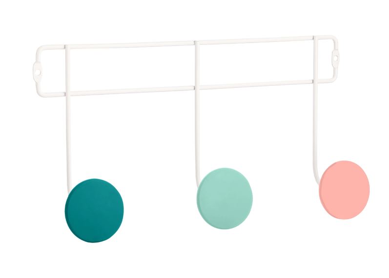L'appendino design (Ref. 84285852) ha la struttura in metallo bianco opaco e tre pomoli colorati in ABS. Misura L 30 x P 6,5 x H 16 cm. Prezzo 7 euro.