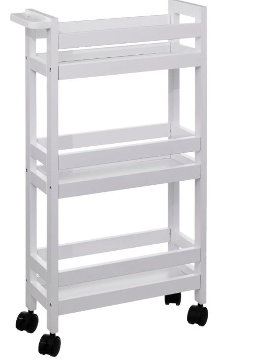 Il carrello multifunzione Slim (Ref. 87423515) ha la struttura a tre piani in legno bianco con quattro ruote e due maniglie. Misura L 40 x P 15 x H 75 cm. Prezzo 19,99 euro.