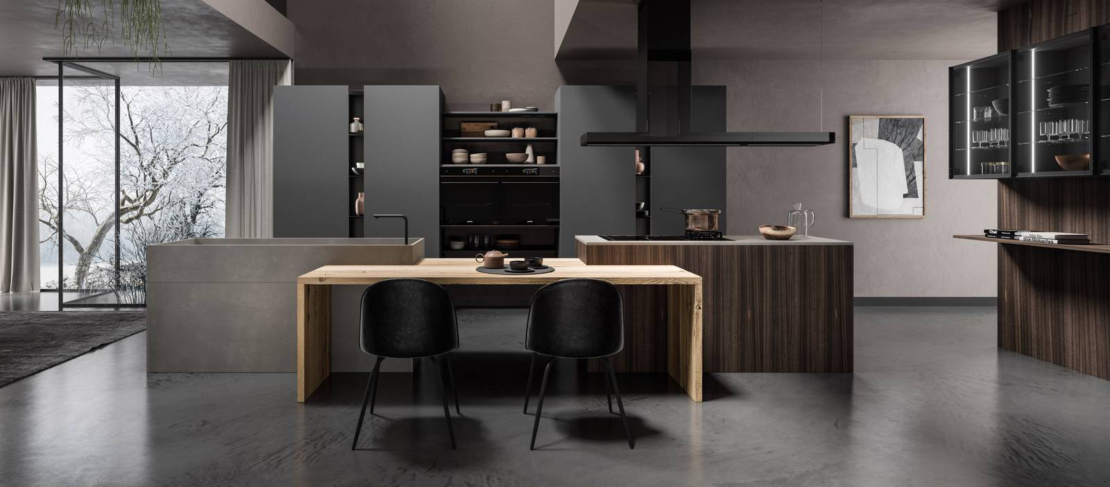 Linee essenziali per la cucina Lab13 di Aran Cucine che è caratterizzata dalla presenza di un'isola composta da due blocchi monolitici, uno in gres Barro Satin dedicato all'area lavaggio e l'altro predisposto per la zona cottura, collegati dal tavolo snack in legno Quercia Ewood con uno stile industrial. É presente una boiserie attrezzata con schienale e mensole in Eucalipto e una serie di pensili Bright con le ante in vetro fumé. Un modulo base da 60 cm, prezzo a partire da 605 euro + Iva. www.arancucine.it