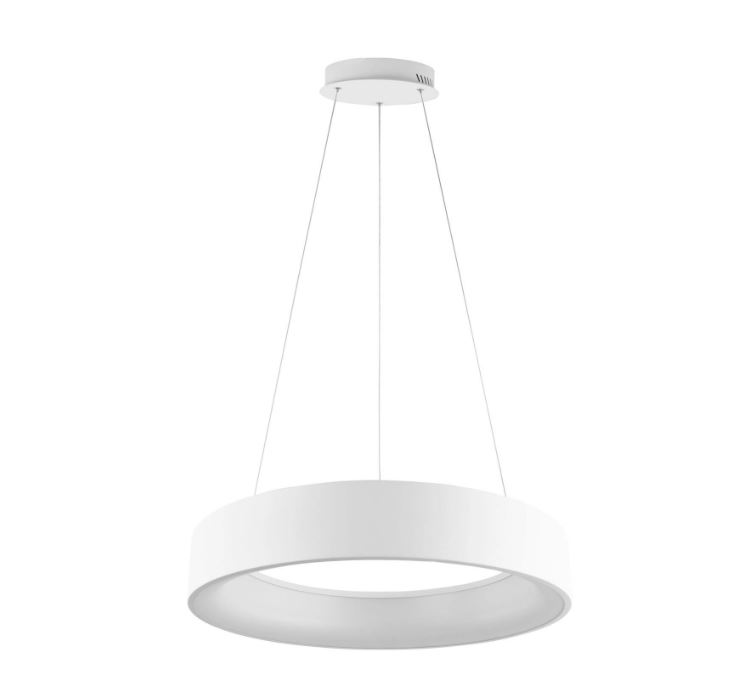 Il lampadario Noah di Luce Ambiente Design (Ref. 85182875) ha la struttura in alluminio bianco e il diffusore in acrilico bianco. Il colore della illuminazione a Led è regolabile tramite un semplice interruttore in tre temperature: luce calda, luce naturale e luce fredda. Misura Ø 60 x H 150 cm. Prezzo 277 euro.