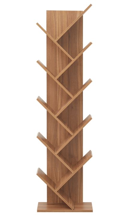 La libreria Londra (Ref. 82610998) ha dieci ripiani e ha una forma a spina di pesce salvaspazio; è realizzata in Mdf nella finitura Rovere. Misura L 44,5 x P 22 x H 164 cm. Prezzo 80 euro.