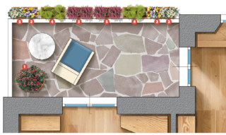 Legenda
1. Agrifoglio 2. Helleborus Niger 3. Viole cornuta 4. Graminacee 5. Erica