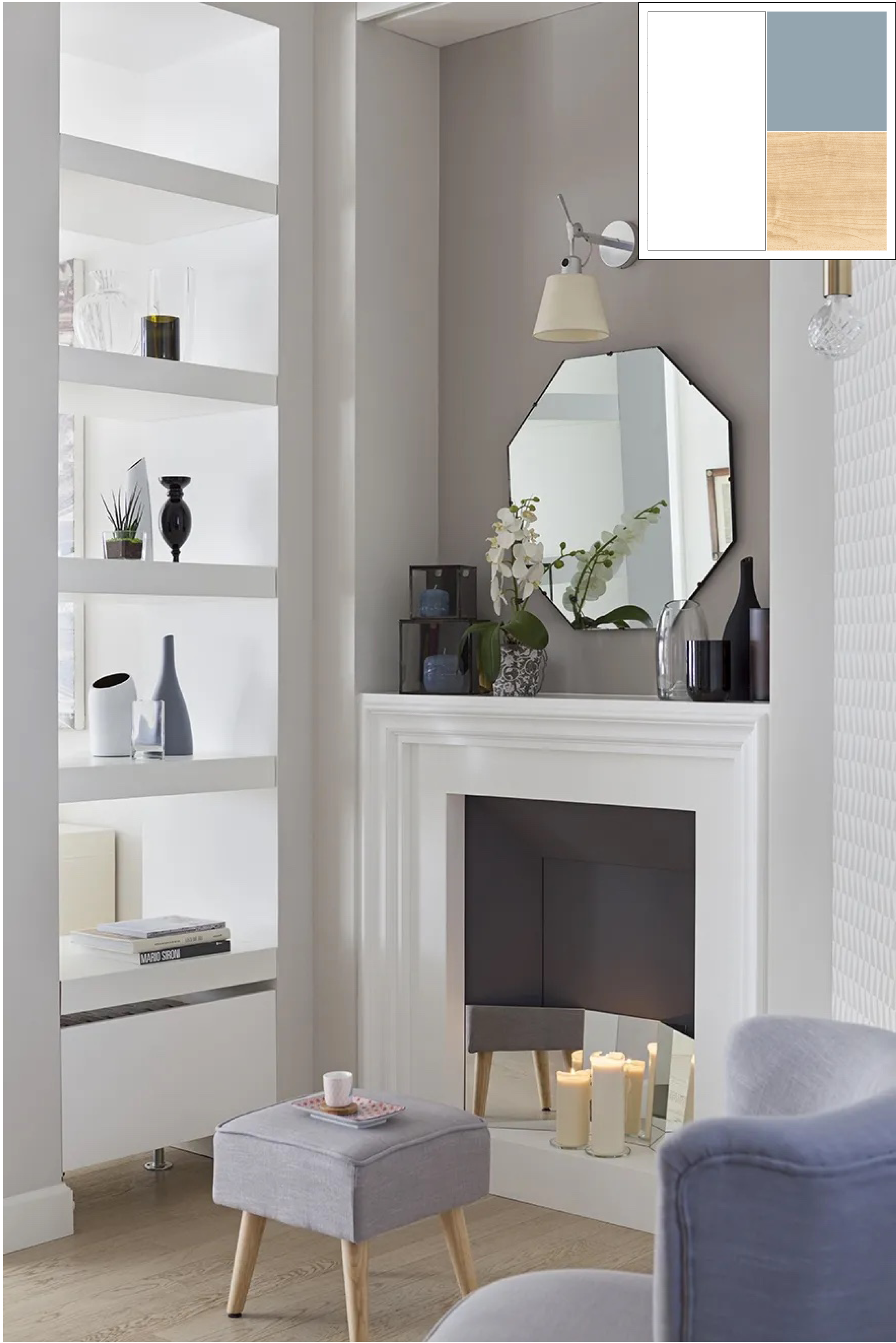 In questa casa in cui si respira un’aria raffinata ed elegante il soggiorno è tutto giocato tra i bianchi e i beige. In particolare l’angolo dedicato al camino e alla lettura combina tra loro diversi elementi: l’ottone e il cristallo delle lampade pendenti, la carta da parati geometrica ma delicata, le sedute in tessuto lievemente colorate, lo specchio vintage ottagonale. In questa casa in cui si respira un’aria raffinata ed elegante il soggiorno è tutto giocato tra i bianchi e i beige. In particolare l’angolo dedicato al camino e alla lettura combina tra loro diversi elementi: l’ottone e il cristallo delle lampade pendenti, la carta da parati geometrica ma delicata, le sedute in tessuto lievemente colorate, lo specchio vintage ottagonale.