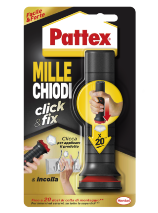 Il Mille Chiodi Click & Fix di Pattex rende semplicissimo il fai da te, infatti, che sia in casa per montare un nuovo scaffale o in giardino per appendere un vaso al muro, questa colla di montaggio consente un'adesione rapida e precisa su tutti i tipi di materiali. Questo adesivo pre-dosato è molto resistente, ad asciugatura rapida e con presa iniziale immediata. L'adesivo resiste alle condizioni climatiche estreme e ai raggi UV. Grazie alla sua applicazione semplice, questa colla è pensata per coloro che sono alle prime esperienze con il mondo del fai-da-te, ma che vogliono risultati ottimali. L'applicatore permette incollaggi facili, puliti e duraturi, basta esercitare pressione fino ad udire un click, ed ecco che una dose di colla è stata rilasciata sulla superficie. È adatto a superfici umide, materiali porosi e non – ideale per appendere ganci, lampade, mensole e quadri. L'adesivo è ideale per interni ed esterni anche a temperature estreme, inoltre, l'oggetto attaccato è riposizionabile nei primi 10 minuti dal fissaggio. Prezzo circa 10 euro. www.pattex.it Il Mille Chiodi Click & Fix di Pattex rende semplicissimo il fai da te, infatti, che sia in casa per montare un nuovo scaffale o in giardino per appendere un vaso al muro, questa colla di montaggio consente un'adesione rapida e precisa su tutti i tipi di materiali. Questo adesivo pre-dosato è molto resistente, ad asciugatura rapida e con presa iniziale immediata. L'adesivo resiste alle condizioni climatiche estreme e ai raggi UV. Grazie alla sua applicazione semplice, questa colla è pensata per coloro che sono alle prime esperienze con il mondo del fai-da-te, ma che vogliono risultati ottimali. L'applicatore permette incollaggi facili, puliti e duraturi, basta esercitare pressione fino ad udire un click, ed ecco che una dose di colla è stata rilasciata sulla superficie. È adatto a superfici umide, materiali porosi e non – ideale per appendere ganci, lampade, mensole e quadri. L'adesivo è ideale per interni ed esterni anche a temperature estreme, inoltre, l'oggetto attaccato è riposizionabile nei primi 10 minuti dal fissaggio. Prezzo circa 10 euro. www.pattex.it