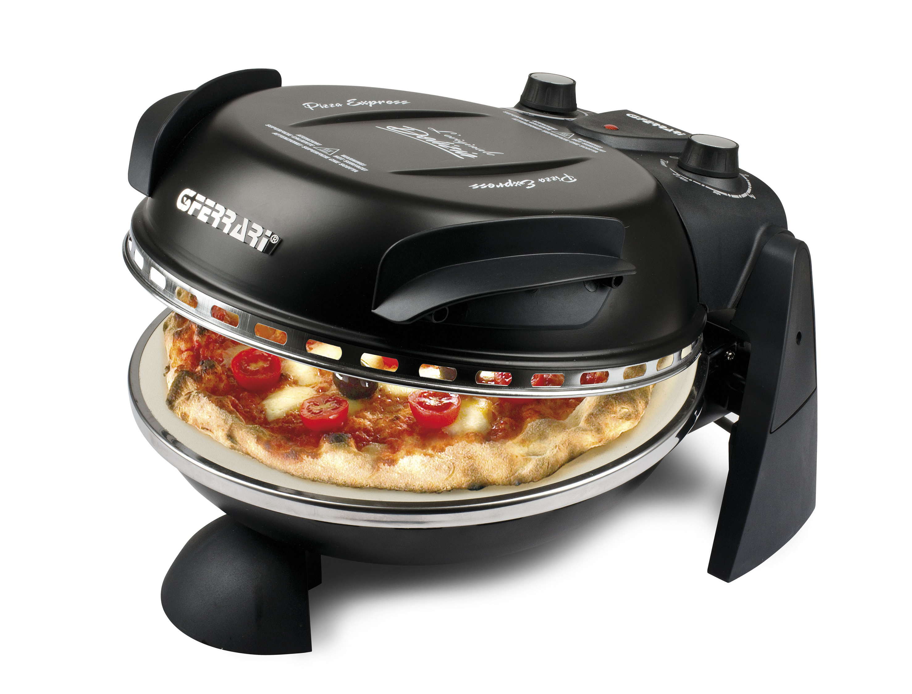 Il fornetto elettrico Pizza Delizia di G3 Ferrari è ideale per preparare la vera pizza napoletana, in quanto la modalità di cottura è in grado di rendere fragrante la pizza senza però asciugare il condimento. In soli cinque minuti permette di sfornare un’ottima pizza, ma si può usare anche per preparare gustose focacce, torte dolci o salate, piadine, schiacciate, castagne, etc. Raggiunge i 400° rapidamente. Pesa meno di 6 kg ed è molto compatto, ma ha una grande potenza grazie alla doppia resistenza in acciaio corazzato posta nella parte superiore e sotto la pietra refrattaria. I consumi sono davvero ridotti: solo 1200W, meno di un asciugacapelli. Misura L 33,5 x P 35 x H 20 cm. Prezzo circa 90 euro. http://www.www.g3ferrari.net