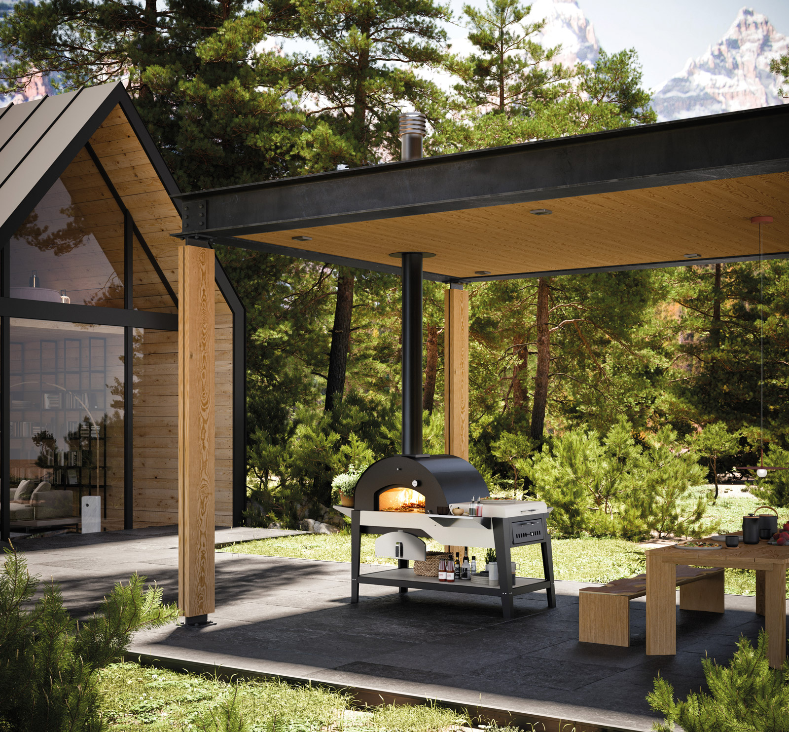 Oreste della linea Palazzetti in Giardino è una work station outdoor elegante e funzionale che in un unico volume comprende piastra cottura in pietra lavica, forno a legna, 2 pratici piani lavoro e un vano per caricare la legna e fare la fiamma. Perfetto per essere posizionato all’aperto o sotto un porticato, è progettato anche per la cottura a fiamma diretta per pane e pizza. Basterà accendere il fuoco direttamente nel forno per raggiungere la temperatura di 380° utile a cuocere perfettamente la pizza. https://ingiardino.palazzetti.it/