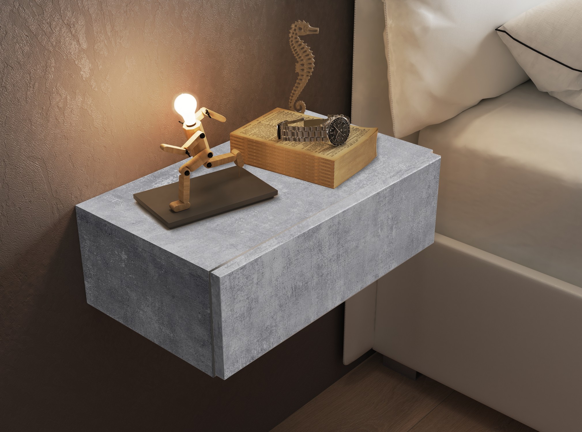 È  facile da appendere il comodino sospeso Mak Cement di Tomasucci grazie alla  ferramenta per il fissaggio inclusa. La struttura con un cassetto è realizzata con pannelli ecologici di particelle di legno rivestiti in melamminico finitura Cemento. Misura L 45 x P 26 x H 15 cm. Prezzo 155 euro. www.tomasucci.com