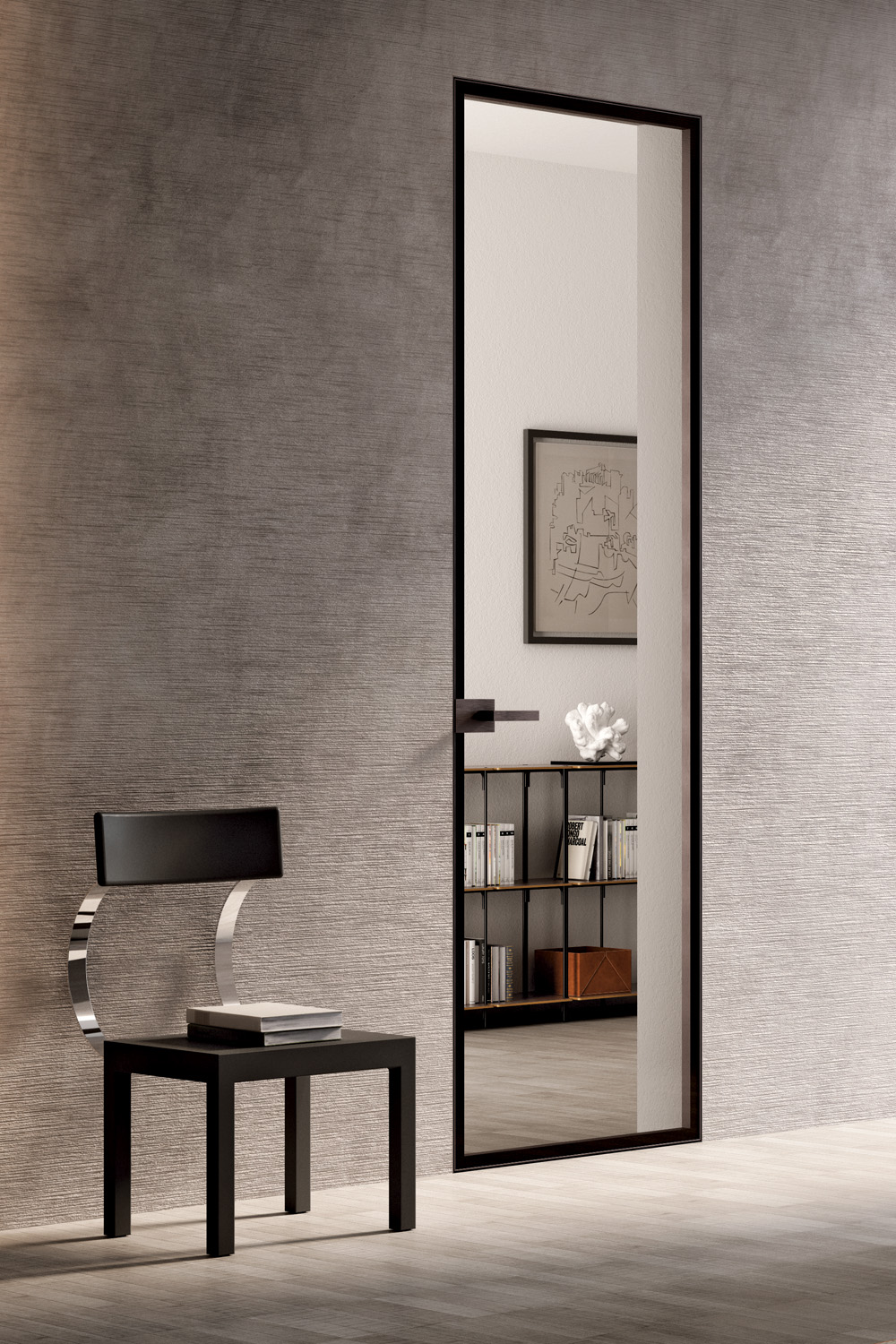 CRYSTAL FILOMURO, battente, Minima Crystal, Profilo Brown, Vetro Trasparente Extrachiaro, Maniglia Basco CRYSTAL FILOMURO, battente, Minima Crystal, Profilo Brown, Vetro Trasparente Extrachiaro, Maniglia Basco