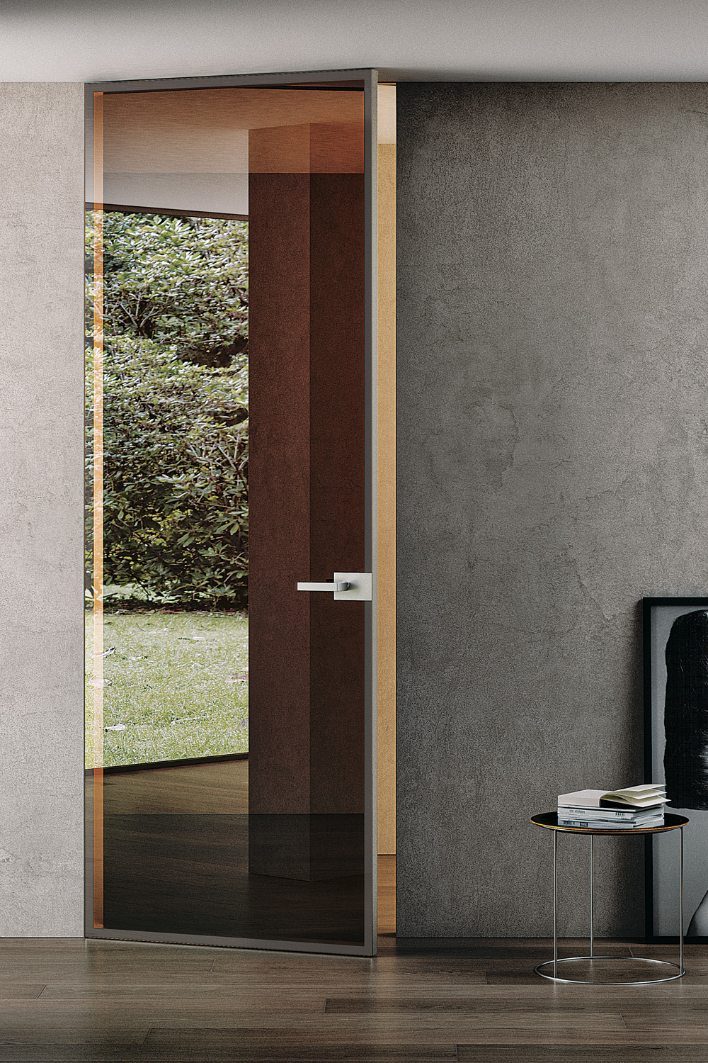 CRYSTAL FILOMURO, battente, Minima Crystal, Profilo Argento, Vetro Reflex Bronzo, Maniglia Geneve CRYSTAL FILOMURO, battente, Minima Crystal, Profilo Argento, Vetro Reflex Bronzo, Maniglia Geneve