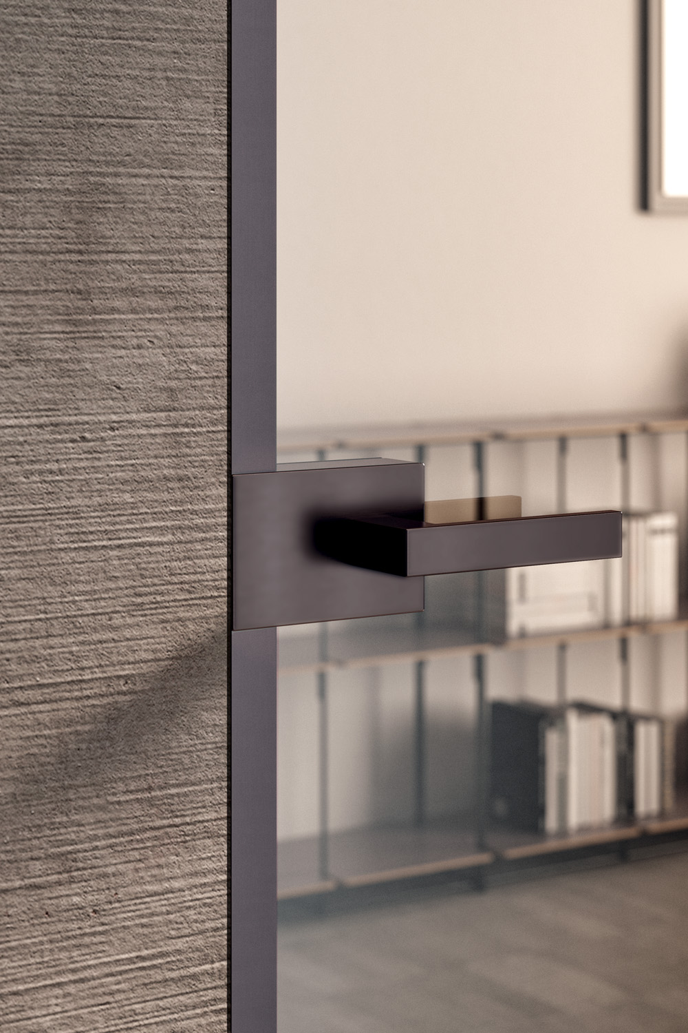 CRYSTAL FILOMURO, battente, Minima Crystal, Profilo Brown, Vetro Trasparente Extrachiaro, Maniglia Basco CRYSTAL FILOMURO, battente, Minima Crystal, Profilo Brown, Vetro Trasparente Extrachiaro, Maniglia Basco