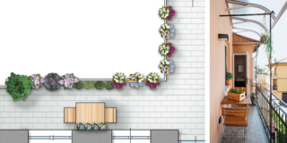 Balcone stretto ad angolo: progetto con piante e fiori per il ballatoio