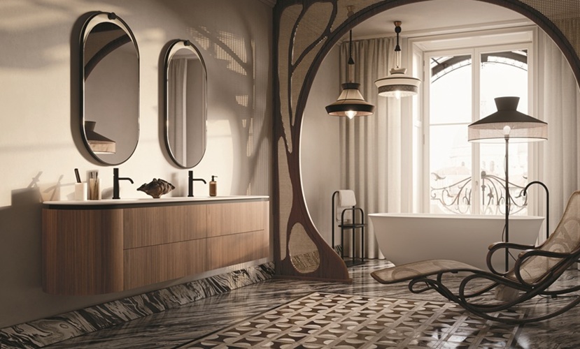 Mobile sospeso con terminali curvi della linea Almond di Arbi Arredobagno, con finitura in noce canaletto Groove e gola nera. www.arbiarredobagno.it