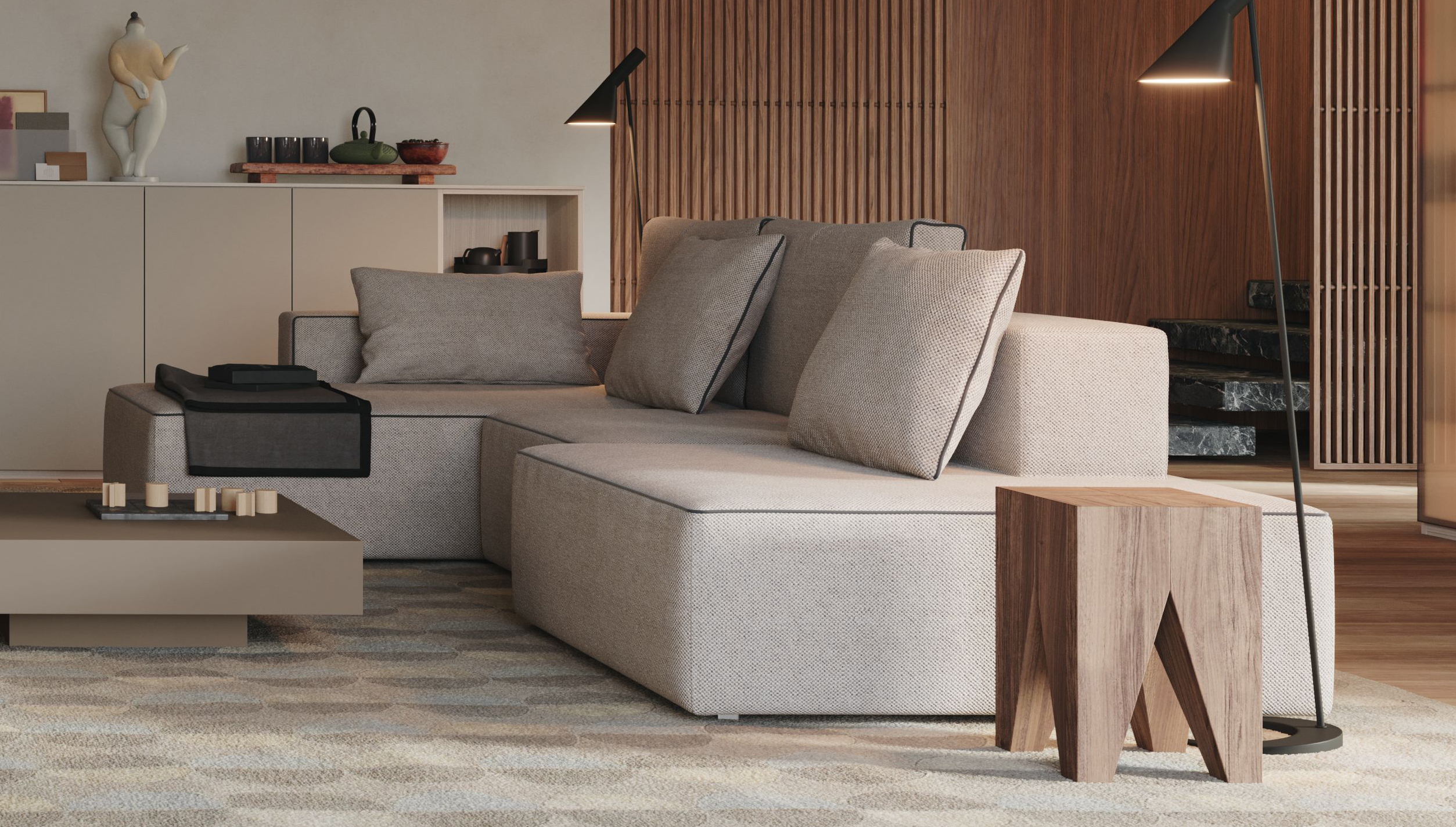 La collezione di divani Infinity Lux di Giessegi presenta una varietà di accessori e di sedute modulabili in pelle e in tessuto, a due o tre posti oppure angolari, che permettono una grande libertà di composizione e di personalizzazione della zona giorno. Questa composizione è rivestita in tessuto Intreccio TT7 con bordini rifiniti in velluto. Dimensioni L 312 x H 94 x P 185 cm. Prezzo a partire da 7.465 euro. Www.giessegi.it La collezione di divani Infinity Lux di Giessegi presenta una varietà di accessori e di sedute modulabili in pelle e in tessuto, a due o tre posti oppure angolari, che permettono una grande libertà di composizione e di personalizzazione della zona giorno. Questa composizione è rivestita in tessuto Intreccio TT7 con bordini rifiniti in velluto. Dimensioni L 312 x H 94 x P 185 cm. Prezzo a partire da 7.465 euro. Www.giessegi.it