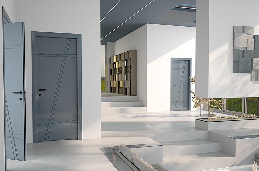 Sono tutti modelli della linea Nidio, serie Bamboo, modello NB02, finitura laccato grigio RAL1019 con maniglia modello Pipita. La porta di sinistra è una versione rototraslante, le altre due sono a battente. Sono tutti modelli della linea Nidio, serie Bamboo, modello NB02, finitura laccato grigio RAL1019 con maniglia modello Pipita. La porta di sinistra è una versione rototraslante, le altre due sono a battente.