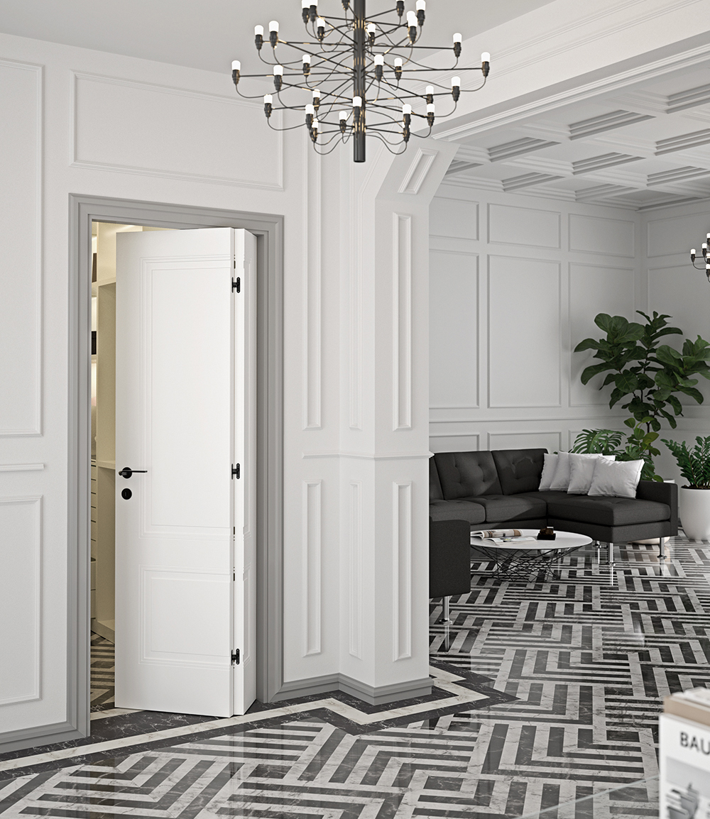 Porta Nidio, serie Dorica, modello ND20 in versione a libro asimmetrica, finitura porta laccato bianco RAL 9010, finitura telaio/cornice RAL 7040, maniglia modello Chic nera. Porta Nidio, serie Dorica, modello ND20 in versione a libro asimmetrica, finitura porta laccato bianco RAL 9010, finitura telaio/cornice RAL 7040, maniglia modello Chic nera.