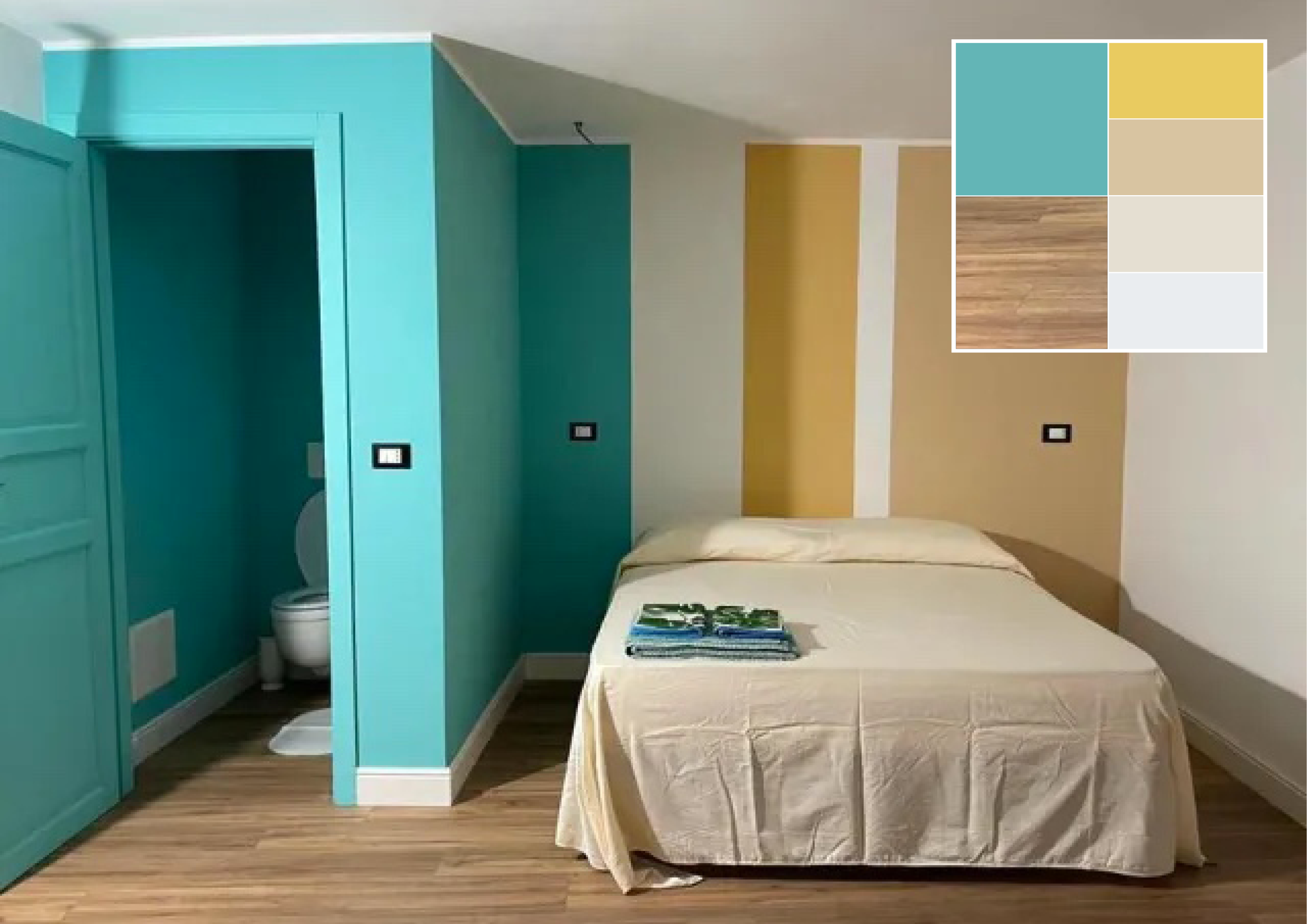 Una casa per le vacanze in fase di ristrutturazione con muri color Tiffany e righe ocra e caffelatte.