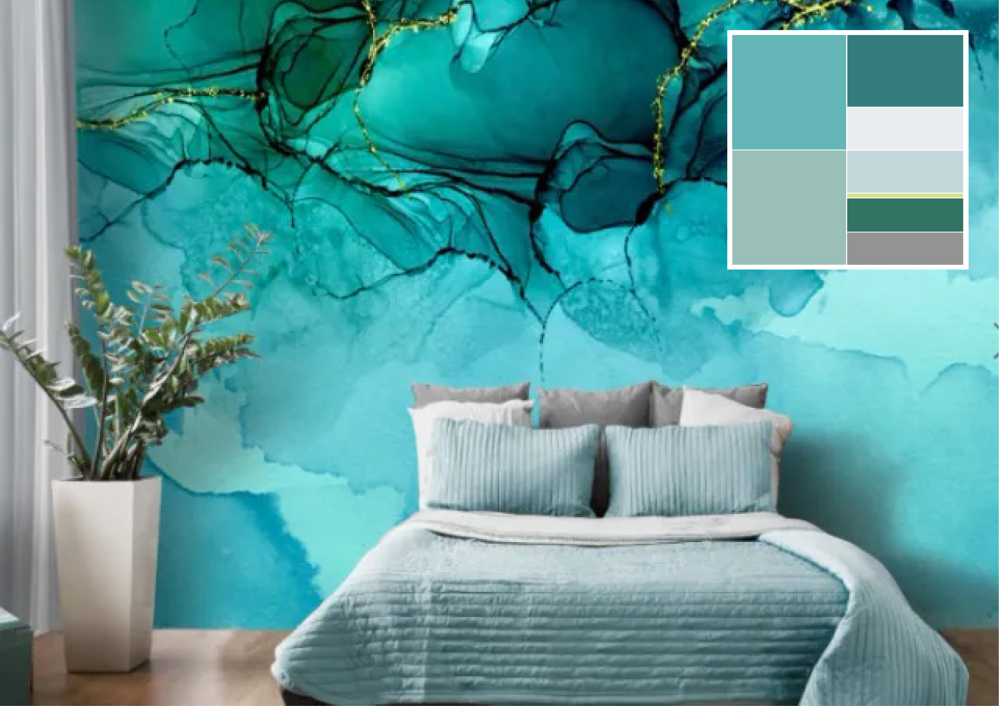 Carta da parati moderna Astrazione ad acquerello - motivo con colori dell'oceano. Da L 400 x H 280 cm, prezzo 170,64 euro. https://www.bimago.it/