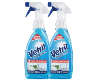 Vetril Detergente Spray Vetri e Superfici sgrassa e pulisce a fondo tutte le superfici, senza lasciare tracce o aloni, senza bisogno di risciacquare Grazie alla sua formula con ammoniaca, il prodotto combina un'azione sgrassante con la brillantezza delle superfici. È indicato per la pulizia di tutte le superfici lavabili come vetri e specchi, superfici laccate, in plastica e in acciaio. È adatto anche per elettrodomestici e piastrelle. Prezzo 11,59 euro. www.amazon.it Vetril Detergente Spray Vetri e Superfici sgrassa e pulisce a fondo tutte le superfici, senza lasciare tracce o aloni, senza bisogno di risciacquare Grazie alla sua formula con ammoniaca, il prodotto combina un'azione sgrassante con la brillantezza delle superfici. È indicato per la pulizia di tutte le superfici lavabili come vetri e specchi, superfici laccate, in plastica e in acciaio. È adatto anche per elettrodomestici e piastrelle. Prezzo 11,59 euro. www.amazon.it