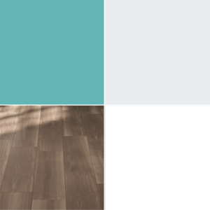 Abbinamento color Tiffany con legno, grigio charo e bianco